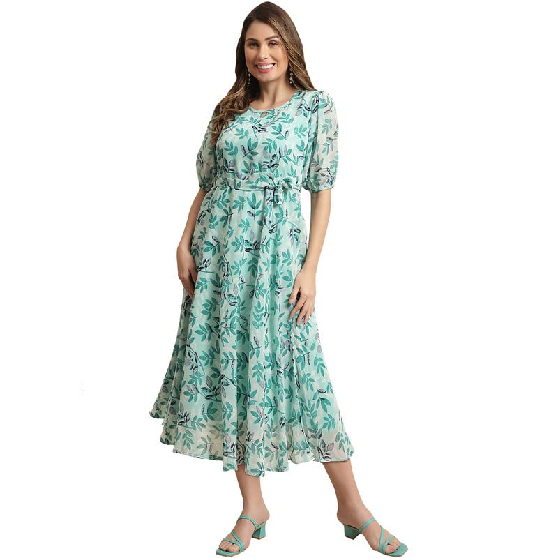 Preneum WomenS Maxi Fit & Flare Latest Style Print Georgette Regular Sleeves Casual Summer Maxi | Festival & Occasion, Sky Blue