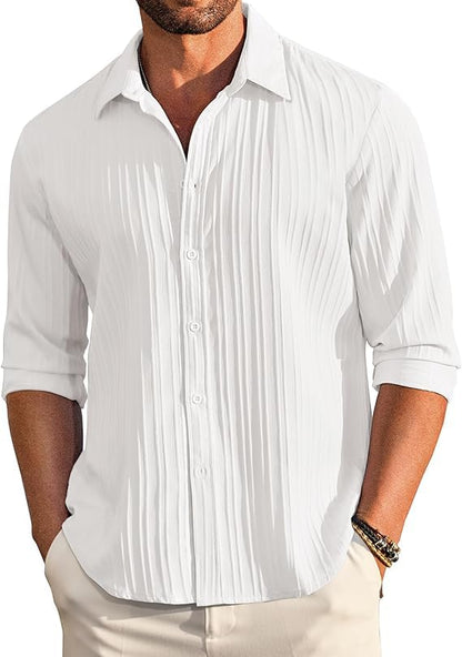 CB-COLEBROOK Mens Casual Button Down Shirts Long Sleeve Linen Shirt Fashion Textured Beach Summer Shirt (in, Alpha, XL, Regular