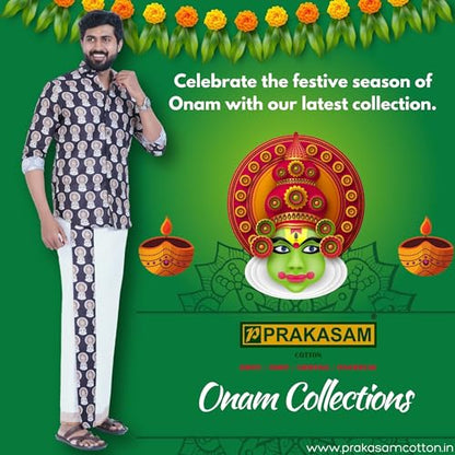 Prakasam Cotton Mens Colour Onam Special Printed Full Sleeve Slim Fit Multi Colour Shirt Matching With Border Single Dhoties For