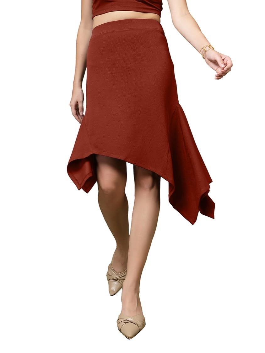 OOMPH! A-Line Handkerchief Hem Lycra Skirt for Women Brown - msk237
