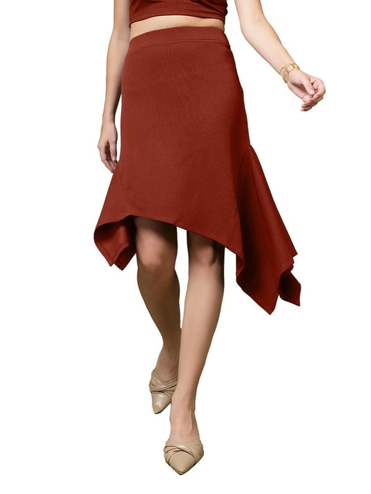 OOMPH! A-Line Handkerchief Hem Lycra Skirt for Women Brown - msk237