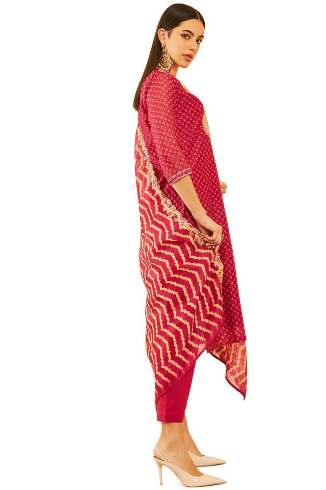 Soch Womens Wine Chanderi Bandhani Printed Suit Set With Sequins Work