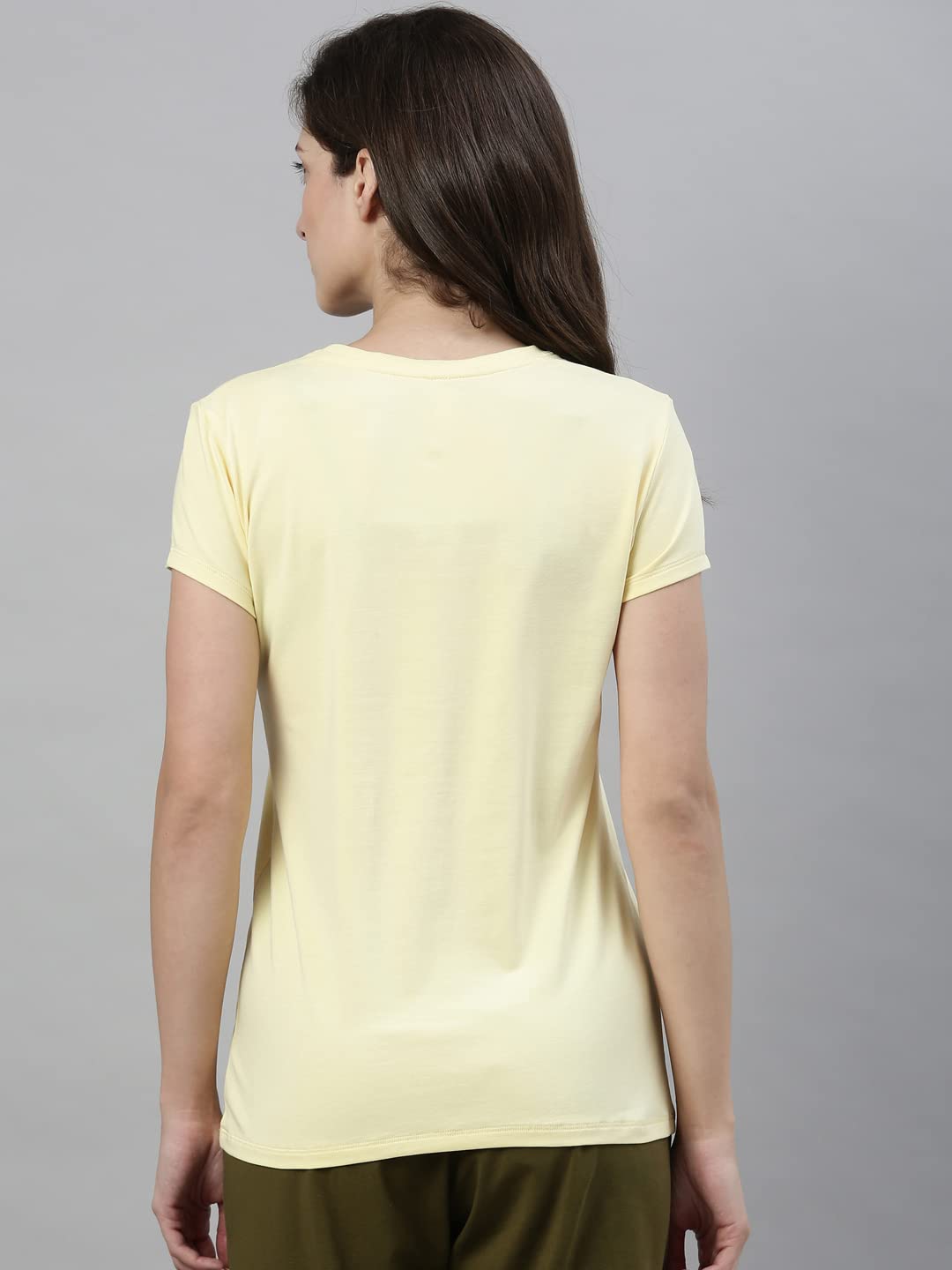 Enamor Essentials Womens Short Sleeve Crew Neck Slim Fit Breathable Stretch Cotton Tee With Graphic - E147(E147-Lemon Cream / B