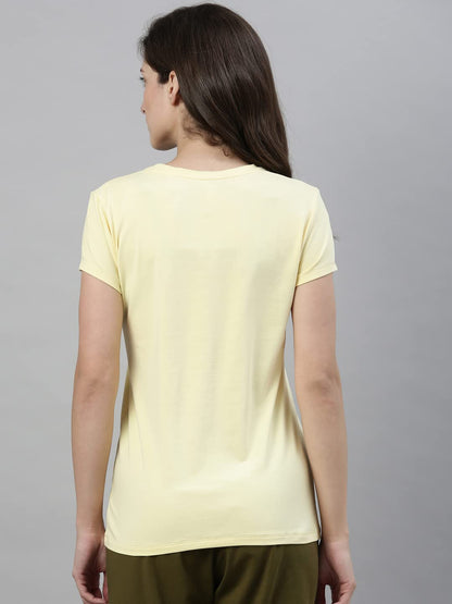 Enamor Essentials Womens Short Sleeve Crew Neck Slim Fit Breathable Stretch Cotton Tee With Graphic - E147(E147-Lemon Cream / B
