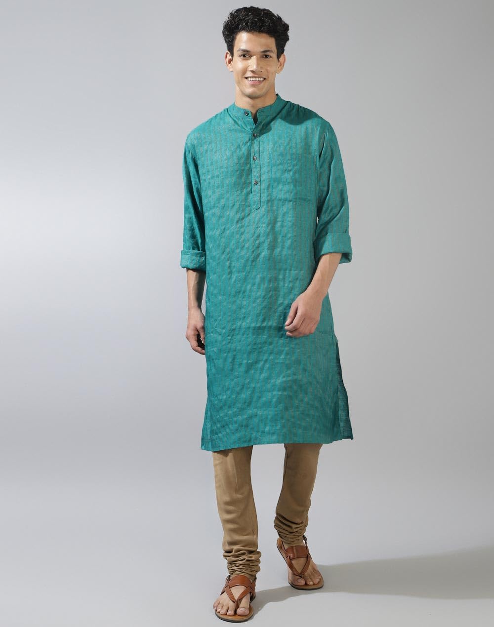 Fabindia Men's Silk Blend Striped Relaxed Kurta (1033100TEAL_Teal