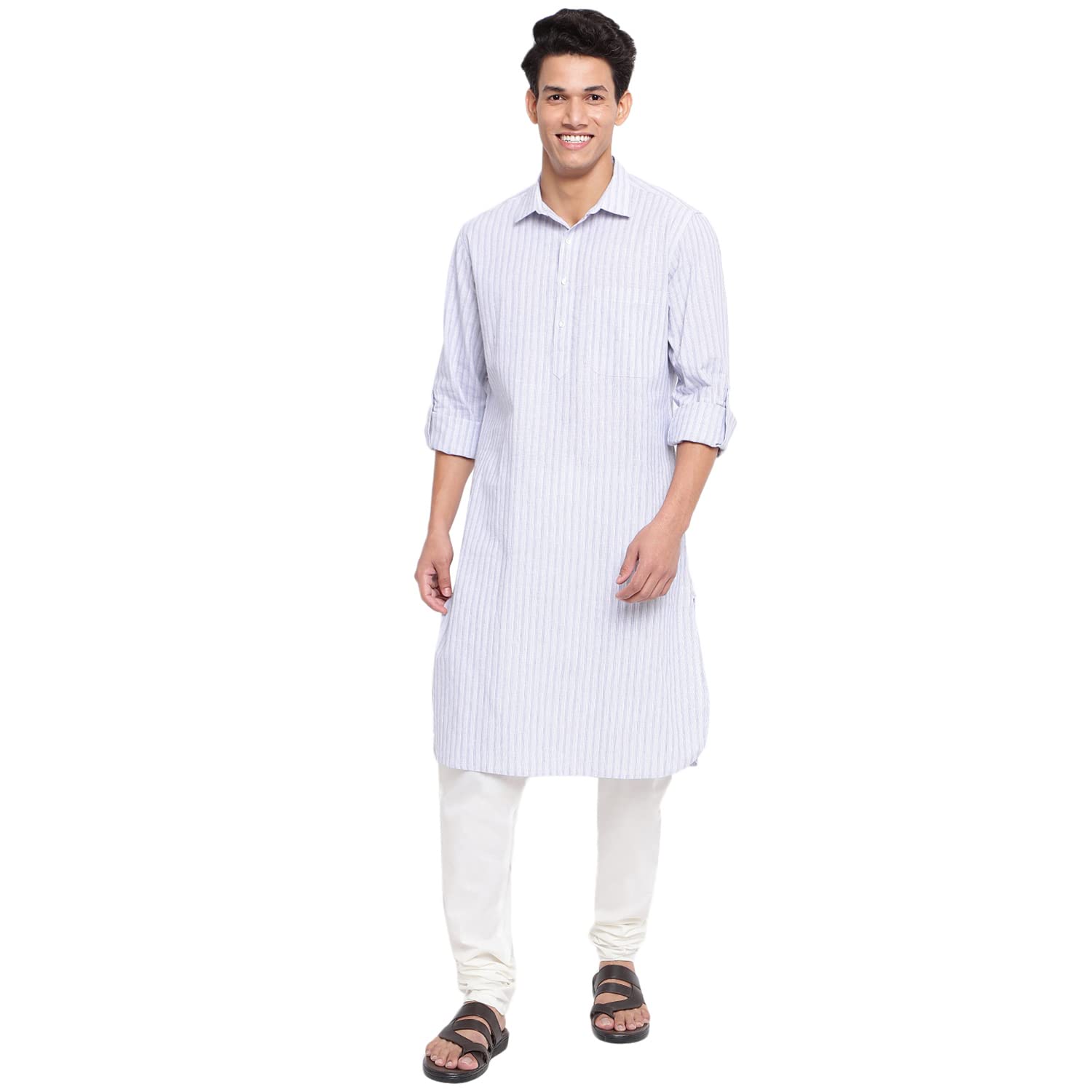 Fabindia Men's White Cotton Linen Striped Comfort Fit Pathani Kurta