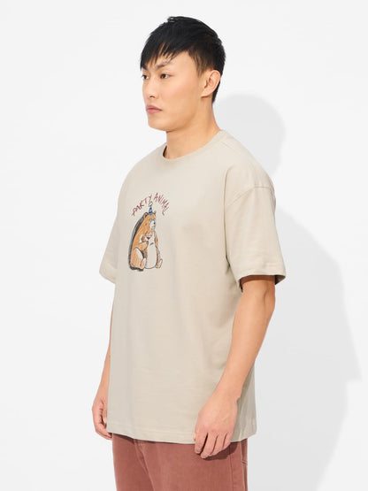 The Souled Store Party Animal Men and Boys Short Sleeves Round Neck Brown Graphic Printed Cotton Oversized T-Shirts