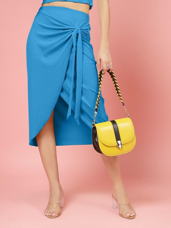 OOMPH! Stertchable Ribbed Wraparound Lycra Skirt for Women Blue - msk095