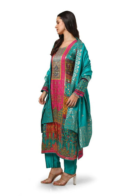 Soch Womens Teal Brocade Ethnic Motifs Suit Set With Faux Mirror And Sequins