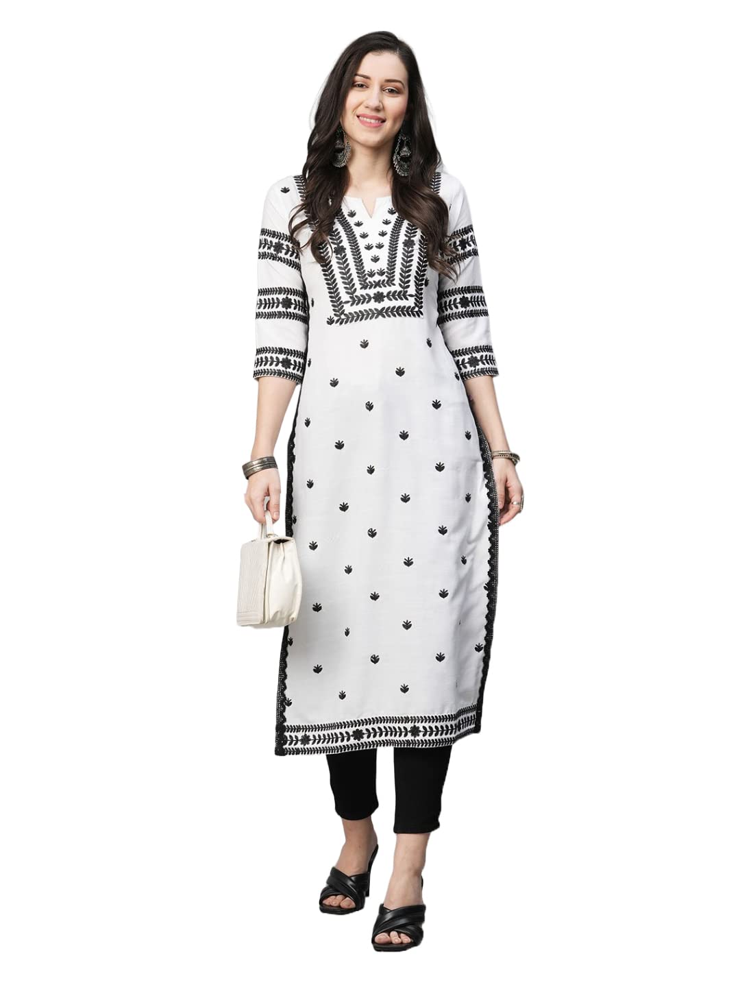 GoSriKi Ladies Cotton Blend Chikankari Embroidered Straight Kurti, White, 48