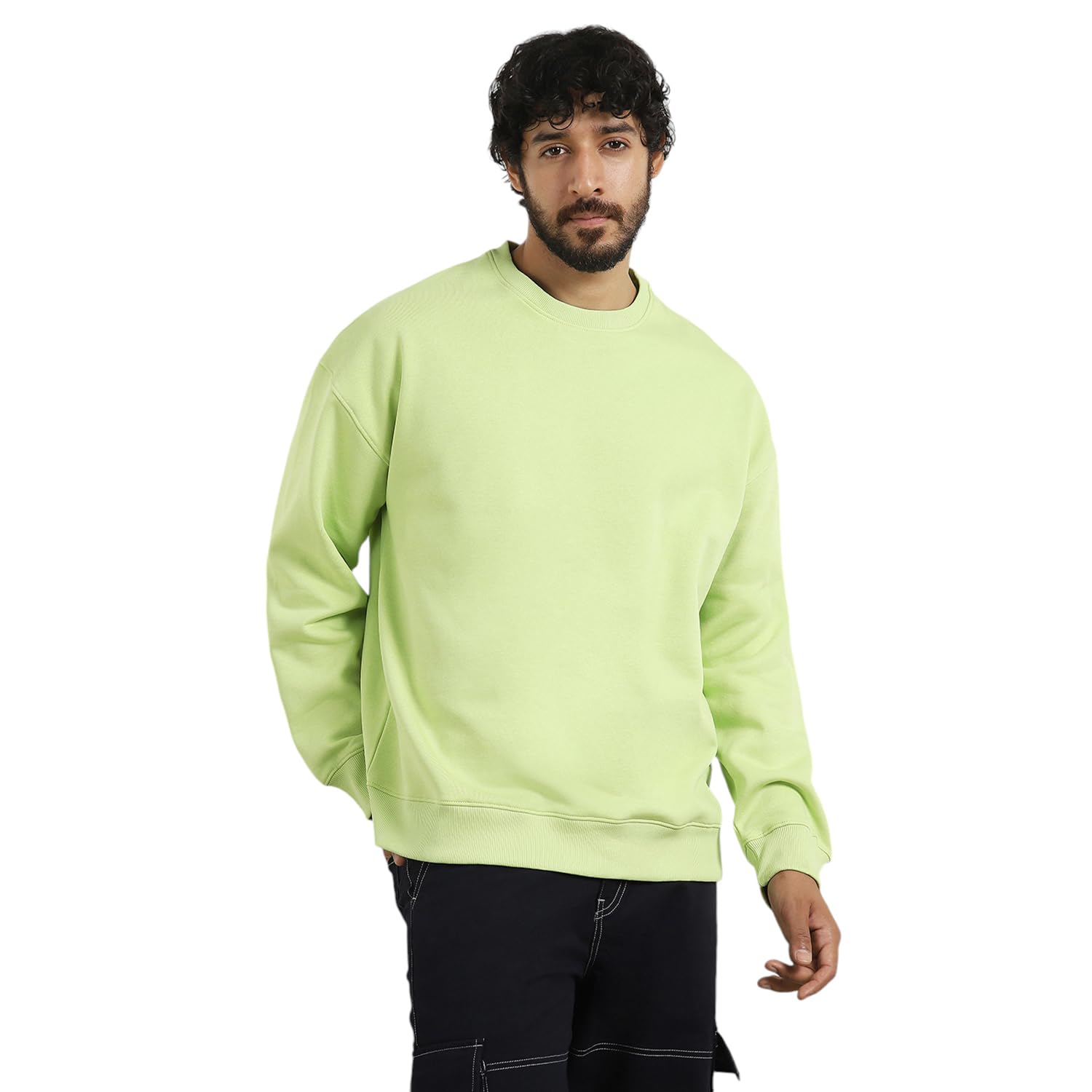 Nobero MenS Cotton Blend Crew Neck Sweatshirt (1M-Twss-R0005_Cool Matcha