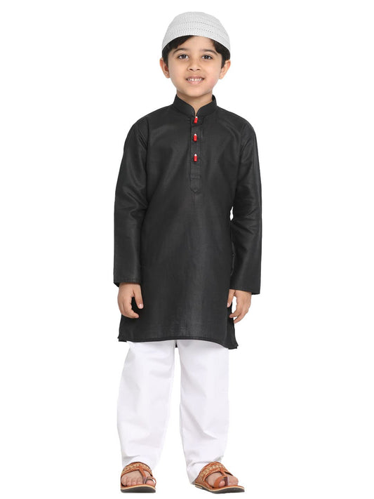 Jbn Creation Boys Black Cotton Blend Kurta Pyjama And Cap Set
