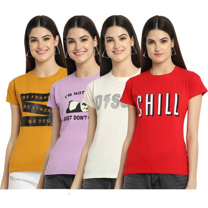 Preneum Womens Cotton Regular Fit Latest Graphic Stylish Printed Short Sleeves Casual T-Shirt || Trendy & Styles (Pack 4), Cher
