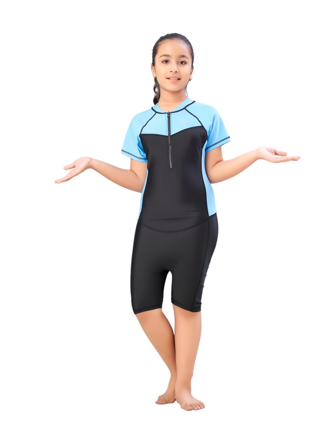 Aarika Girls Sports Wear Black-Sky Blue Colour Solid Nylon Swim Suit (4-15 Years)-(SW-SHM-AB-610)