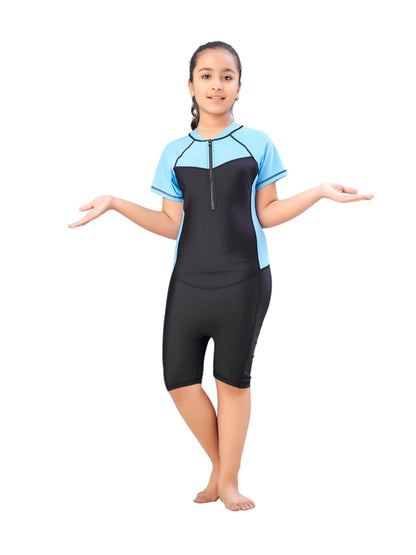 Aarika Girls Sports Wear Black-Sky Blue Colour Solid Nylon Swim Suit (4-15 Years)-(SW-SHM-AB-610)