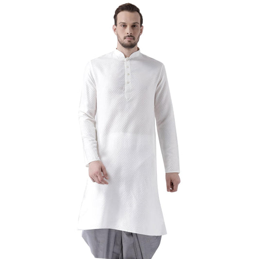 Kisah Men White Woven Design Straight Kurta Full Sleaves, Knee Length, Straight, Regular Fit, Mandarin Collar Ethnic Casual Wear