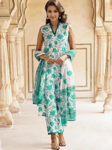 Shienzy WomenS Printed Cotton Blend Sleeveless V-Neck Kurta Pant Dupatta Set || Stylish Indo-Western Kurti For Wedding, Festive