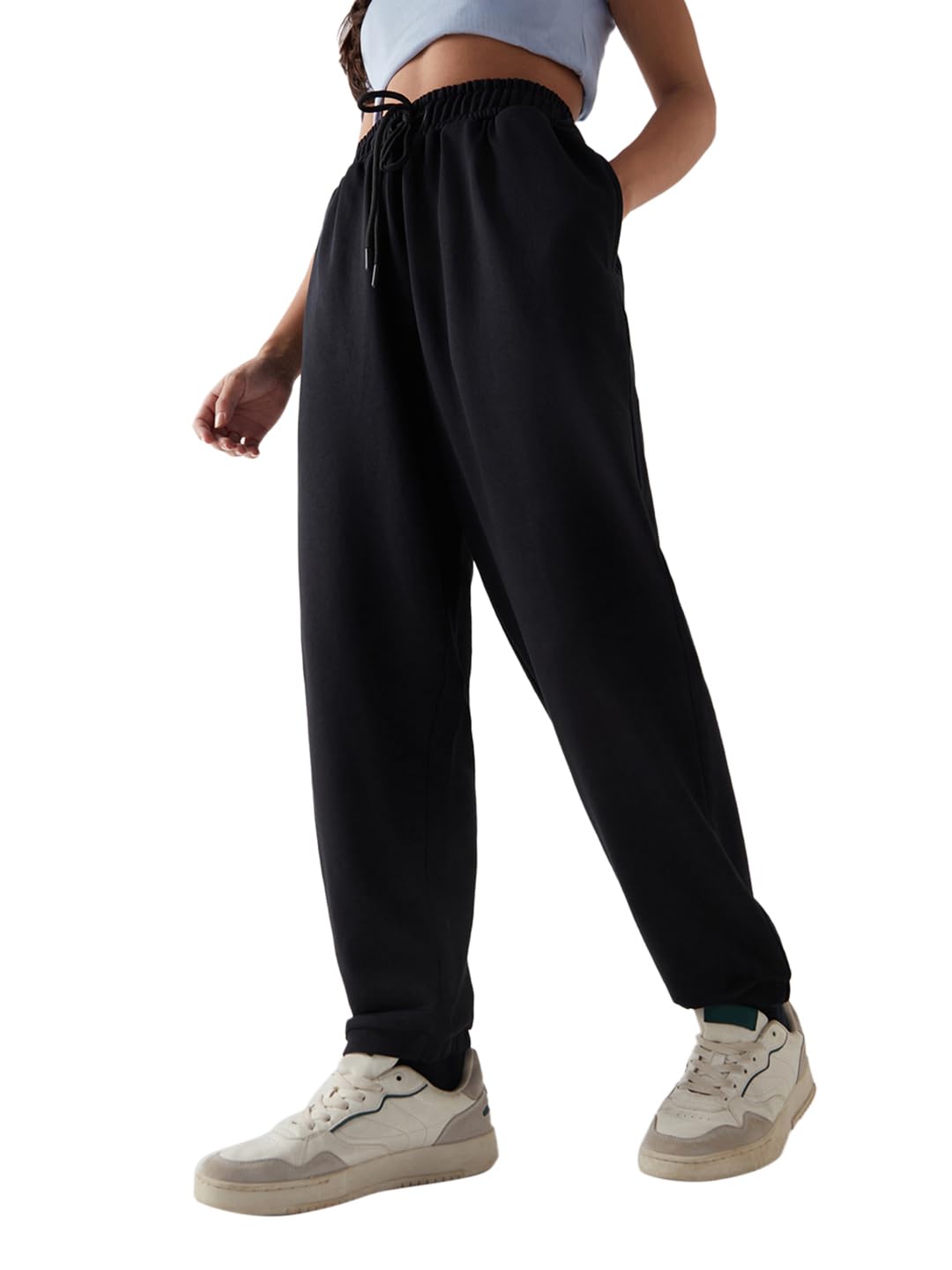 Bewakoof Womens Mid Rise Solid Oversized Fit Terry Joggers_646688_Black_2XL