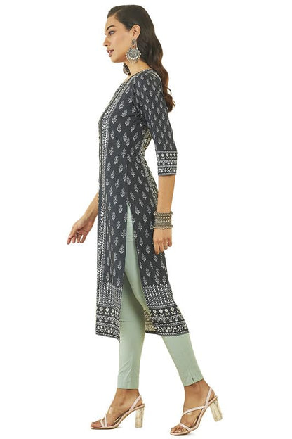 Soch Womens Black Muslin Botanical Print Kurta with Sequins