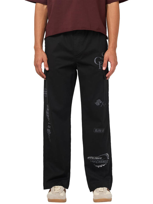 Bewakoof Mens Graphic Print Straight Fit Cotton Lycra Blend Cargo Pants_664145_Black_30