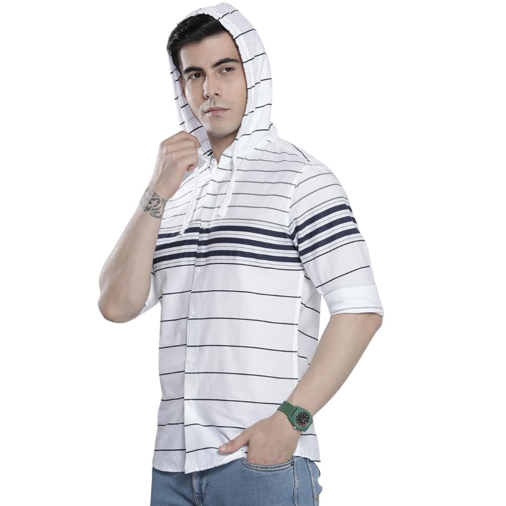 The Indian Garage Co White Regular Fit Spread Collar Striped Short Sleeves Shirt