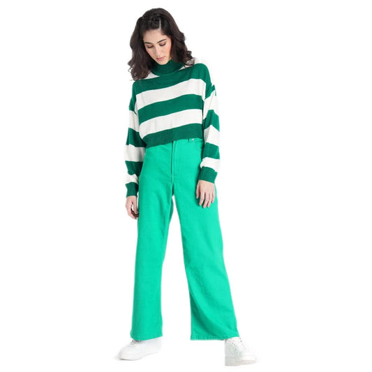 Bewakoof Womens Striped Green High Neck Full Sleeve Sweater