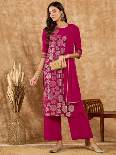 ZIYAA Women's Dark Pink Crepe Kurta,Palazzo set with Dupatta (ZISKDCR4077-RL)