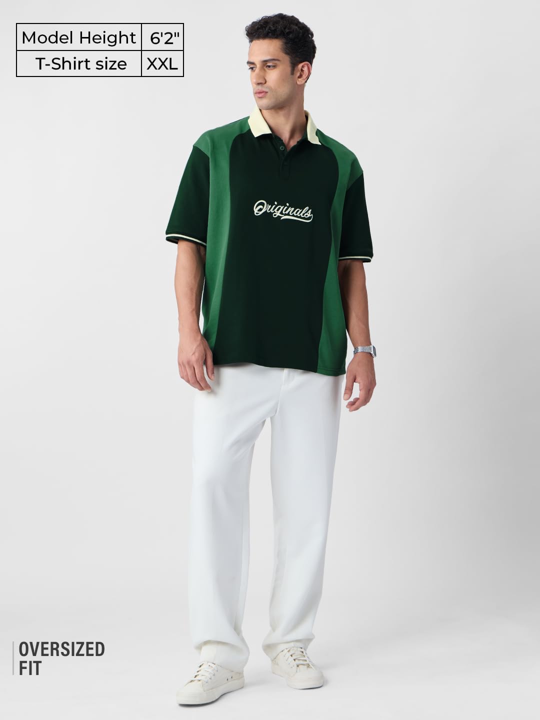 The Souled Store Originals: Polo Men and Boys Short Sleeves Polo Collar Dark Green Colour-Block Cotton Oversized T-Shirts