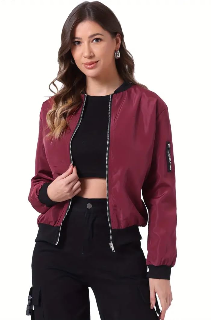 TAGAS Womens Solid Bomber Jacket  Lightweight Zip-Up Stylish Casual Wear  Full Sleeve Windcheater for Girls & Women