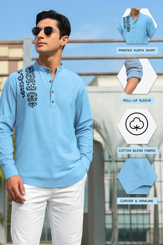 Finivo Fashion MenS Cotton Blend Short Kurta Shirt | Casual Ethnic Wear With Roll-Up Sleeves & Mandarin Collar | Comfortable Fi