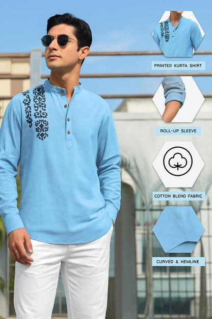 Finivo Fashion MenS Cotton Blend Short Kurta Shirt | Casual Ethnic Wear With Roll-Up Sleeves & Mandarin Collar | Comfortable Fi
