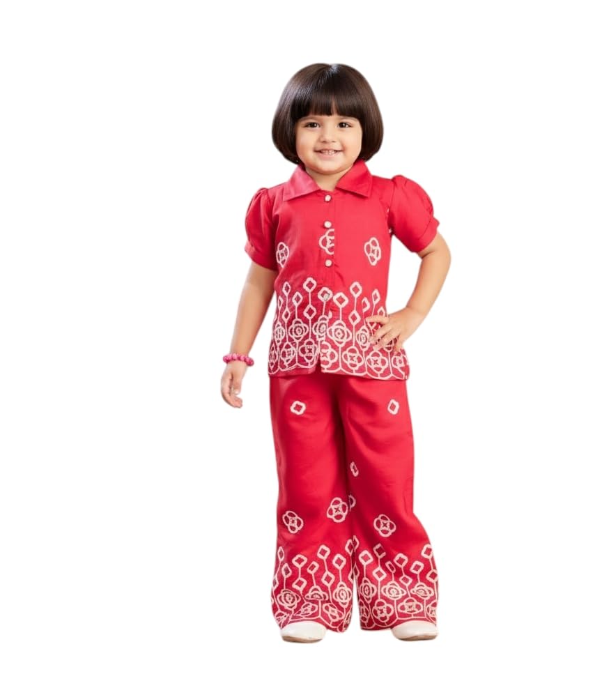 Aarika Girls Casual Wear Red Colour Thread Embroidery Cotton Co-Ord Set-(3-9 Years)-(Oct_Dr-42509-Rani-28)