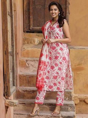 Shienzy WomenS Printed Cotton Blend Sleeveless V-Neck Kurta Pant Dupatta Set || Stylish Indo-Western Kurti For Wedding, Festive