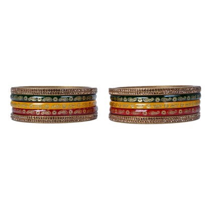 Snehlata Creations Multicolor Lac Bangle Set for Women - 2.4 Size, Set of 10, Red Yellow Green Golden, Jaipuri Chudi