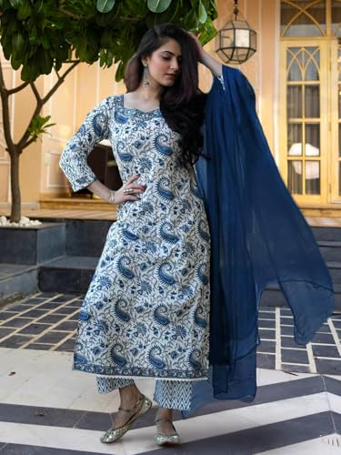 Tee Projekt WomenS Cotton Blend Mandarin Collar Straight Kurta Pant With Dupatta Set Ll Paisley Print Kurta Set With Dupatta Li