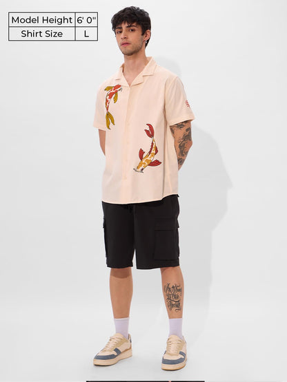 The Souled Store So Koi Men and Boys Collared Neck Button Front Orange Embroidered Regular Fit Cotton Half Sleeve Shirts