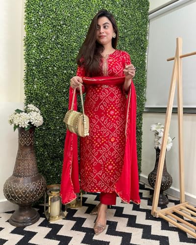 ANNI DESIGNER Women's Rayon Blend Kurta Set with Pants & Dupatta, Size 46, Red, Model TURAE-RED