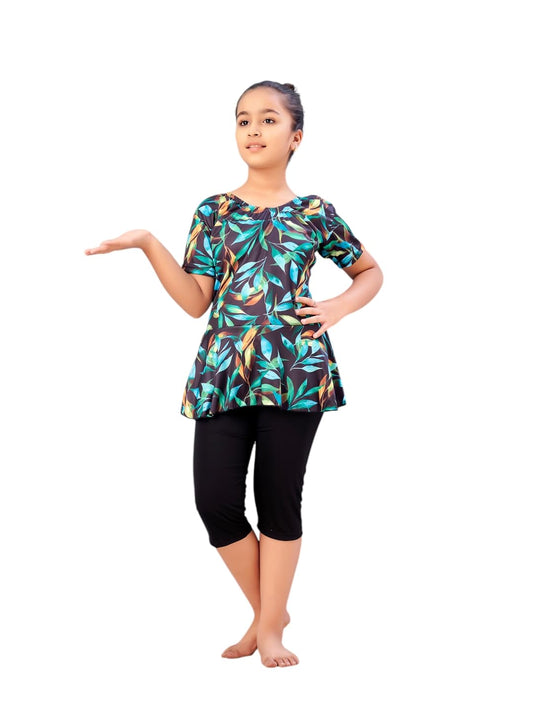 Aarika Girls Sports Wear Black-Green Colour Floral Print Nylon Swim Suit (5-15 Years)-(SW-SHM-C-1121)
