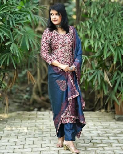 GoSriKi Women's Kurta Set - Viscose Blend with Trousers & Dupatta, XXL, Red, Model Parimat Red-GS