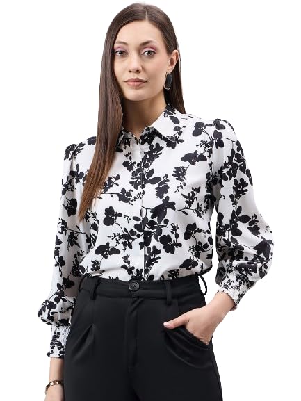 Style Quotient Women Black and White Floral Printed Polyester Regular Fit Smart Casual Shirt
