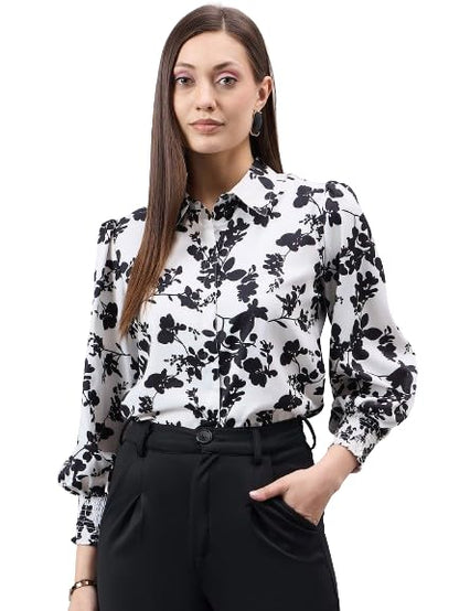 Style Quotient Women Black and White Floral Printed Polyester Regular Fit Smart Casual Shirt