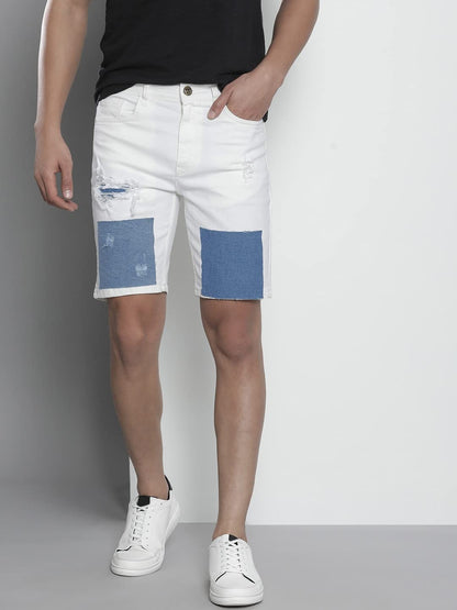 The Indian Garage Co Men Slim Fit Contrast Patchwork Mid-Rise Denim Shorts