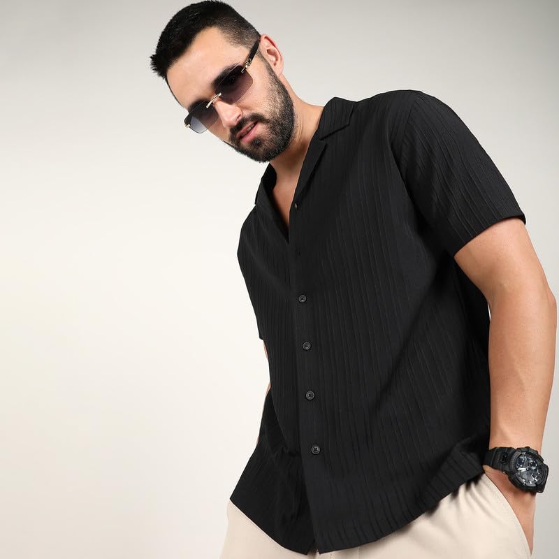 Campus Sutra Mens Charcoal Black Self-Design Striped Shirt for Casual Wear | Spread Collar | Short Sleeve | Button Closure | Sh