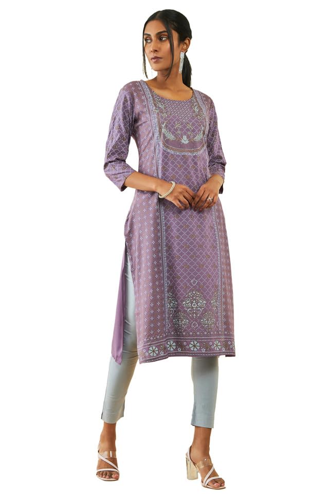 Soch Womens Purple Rayon Floral Foil Print Straight Kurta With Stonework