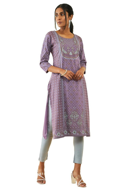 Soch Womens Purple Rayon Floral Foil Print Straight Kurta With Stonework