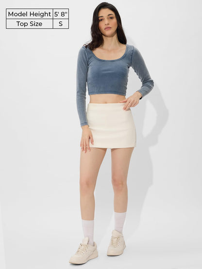The Souled Store Solids: Acid Wash Blue Women and Girls Long Sleeves Square Neck Cotton Blend Slim Fit Cropped Tops