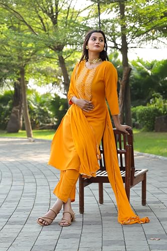 Womanista Women Yellow Crepe Mirror work kurta set with dupatta