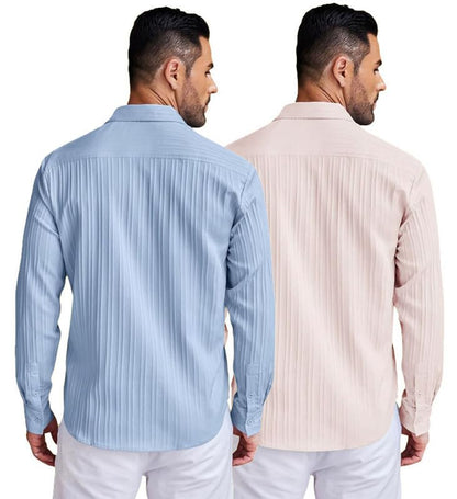 Deelmo Combo Of MenS Casual Button Down Shirts Long Sleeve Linen Shirt Fashion Textured Summer Shirts Pack Of 2