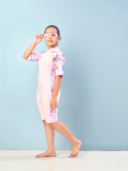 Aarika Girls Sports Wear Pink Colour Floral Print Nylon Swim Suit (4-15 Years)-(SW-SHM-AB-617)