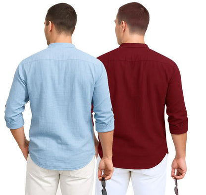 Deelmo Combo Of MenS Cotton Blend Solid Regular Fit Full Sleeve Short Kurta | MenS Trendy Short Kurta Pack Of 2 Sky - Red